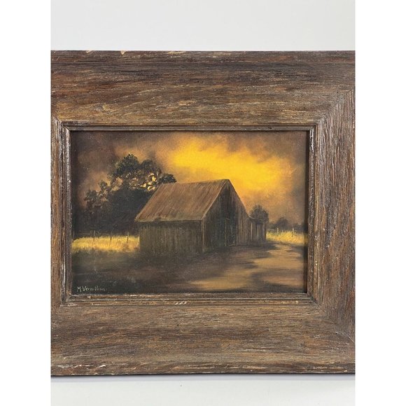 TEXAS ARTIST M. VERMILLION SIGNED OIL LANDSCAPE PAINTING-CABIN YELLOW SKY TREES - Picture 3 of 14